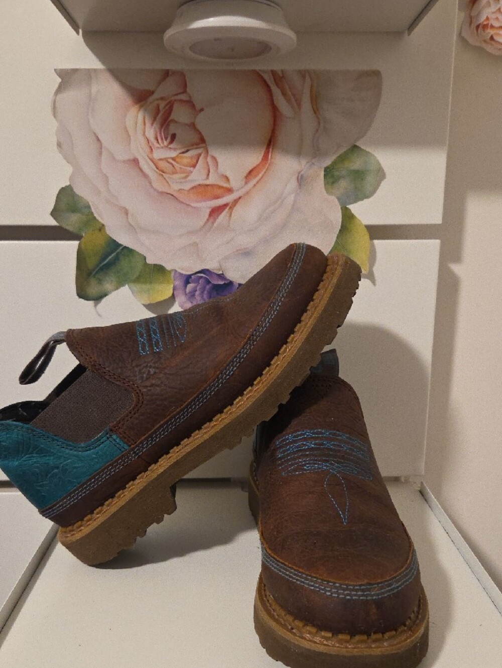 Georgia Boot Brown Leather Slip-On Loafers with Teal Accent
